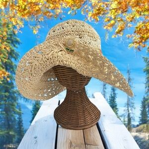 Mandalay and Company Elegant Tan Sun Hat with Sunflower rhinestone brooch